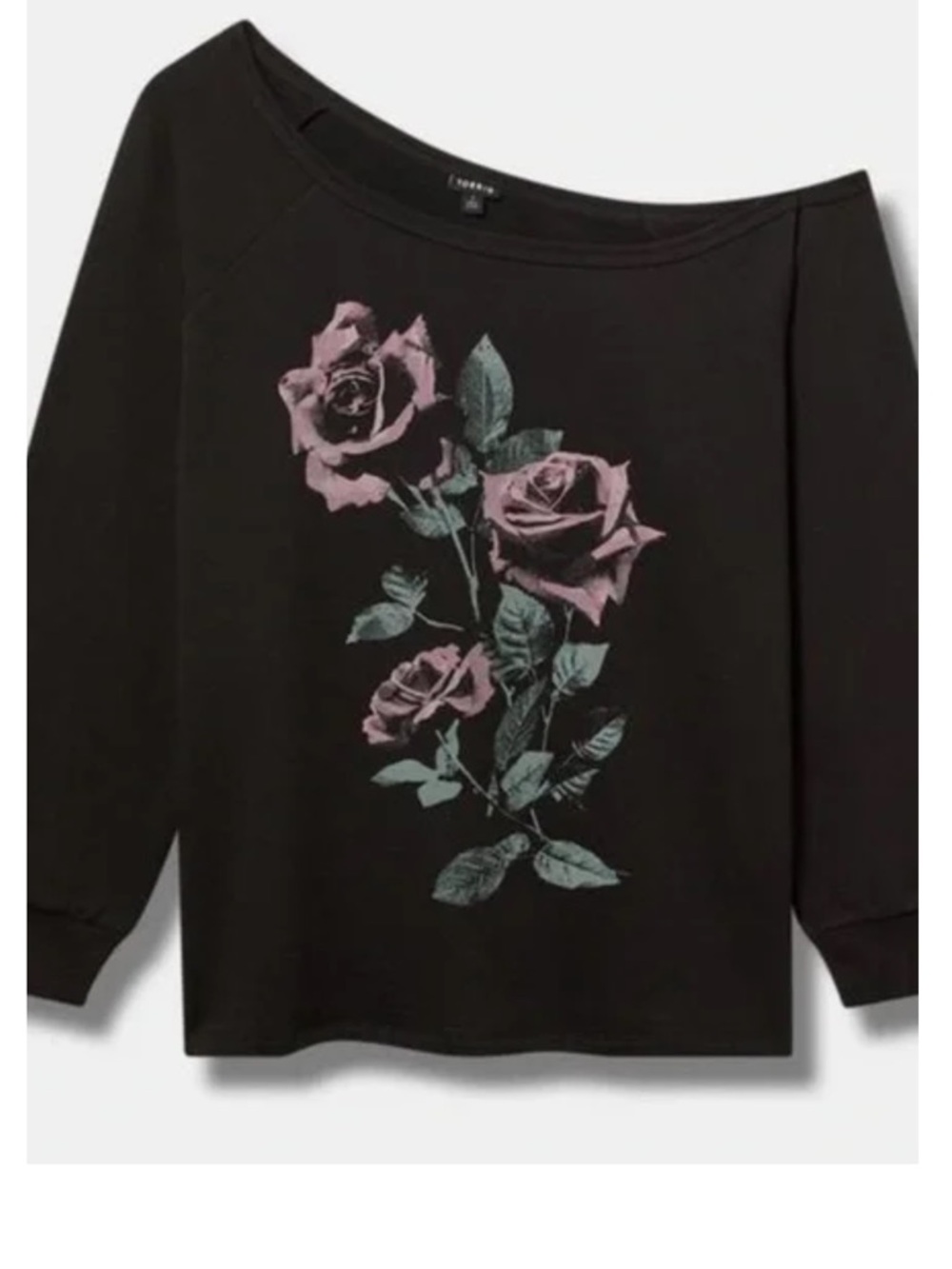 torrid Black Sweatshirt with Pink Rose and Green Leaves
